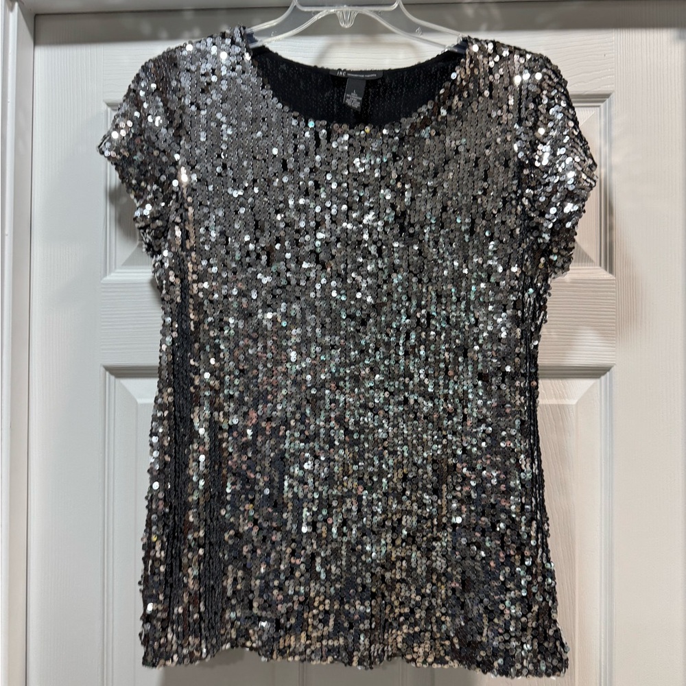 INC International Concepts Black and Silver Sequin Cap Sleeve Tee